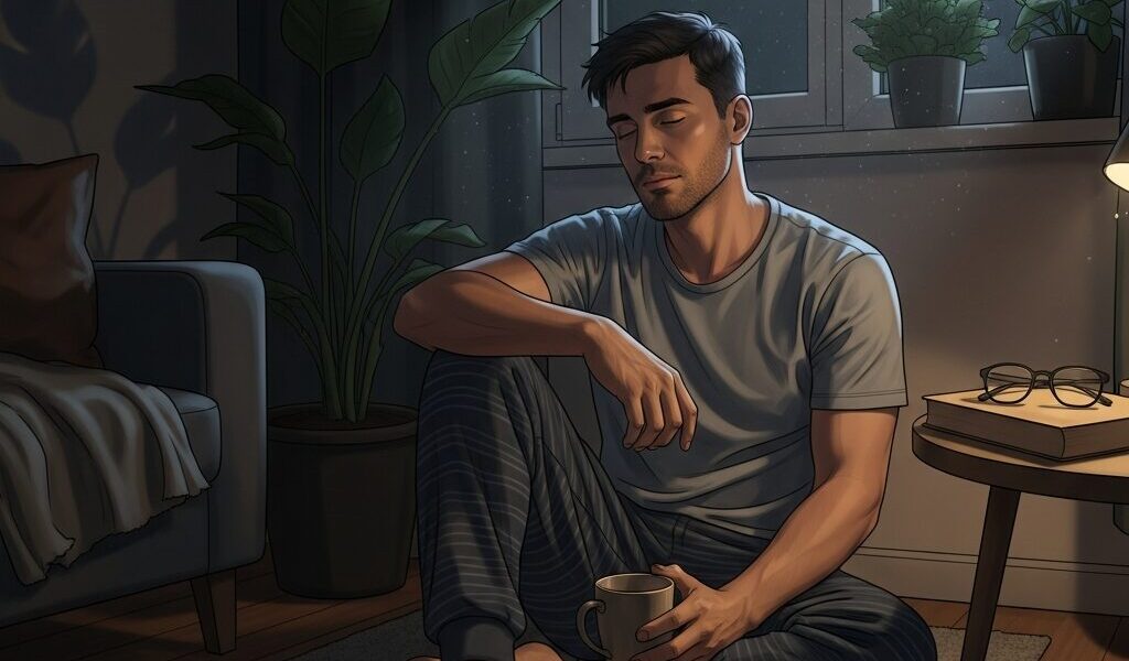 夜の部屋でマグカップを持ち目を閉じる男性