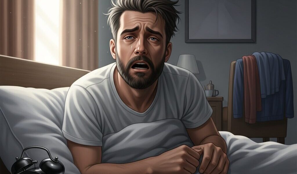 朝のベットで起き上がれずにいる男性