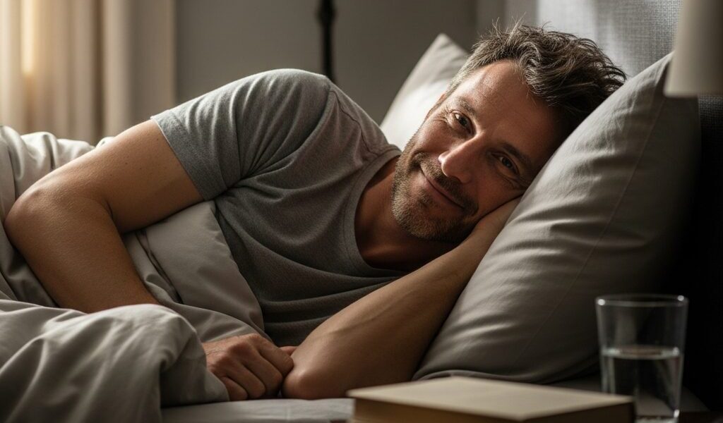 ベットで横になり穏やかな表情の男性