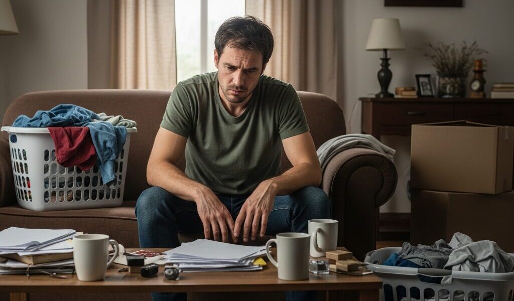 片付けで長い時間動けない男性