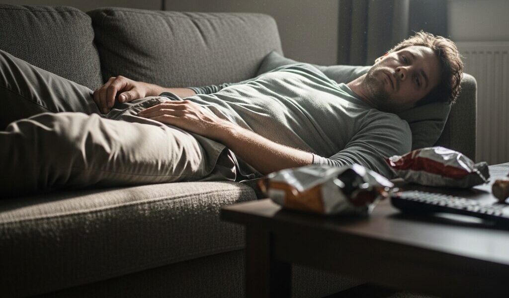 机に向かい無気力にうつむく男性