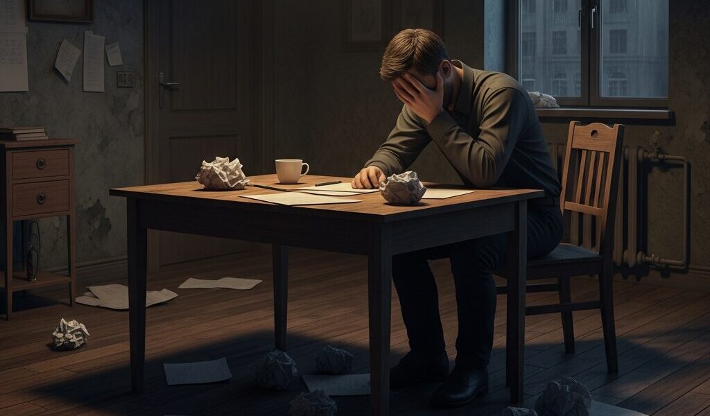 何もできなかった夜に机で落ち込む男性