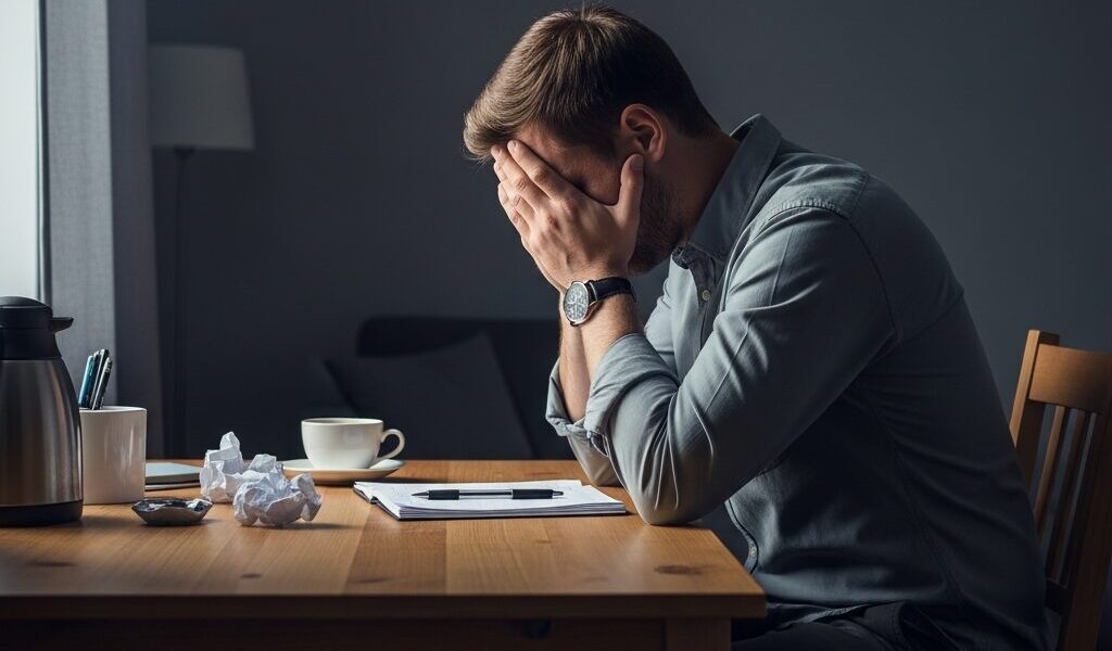夜、仕事の不安で頭を抱える様子