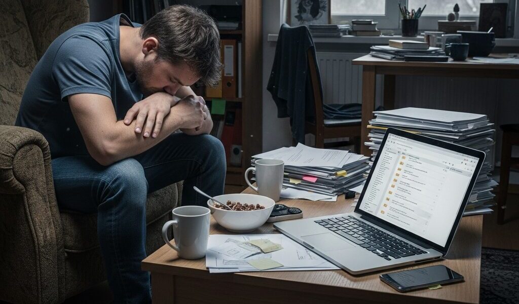 休職前に仕事を引き継ぎ、罪悪感で頭を抱える男性