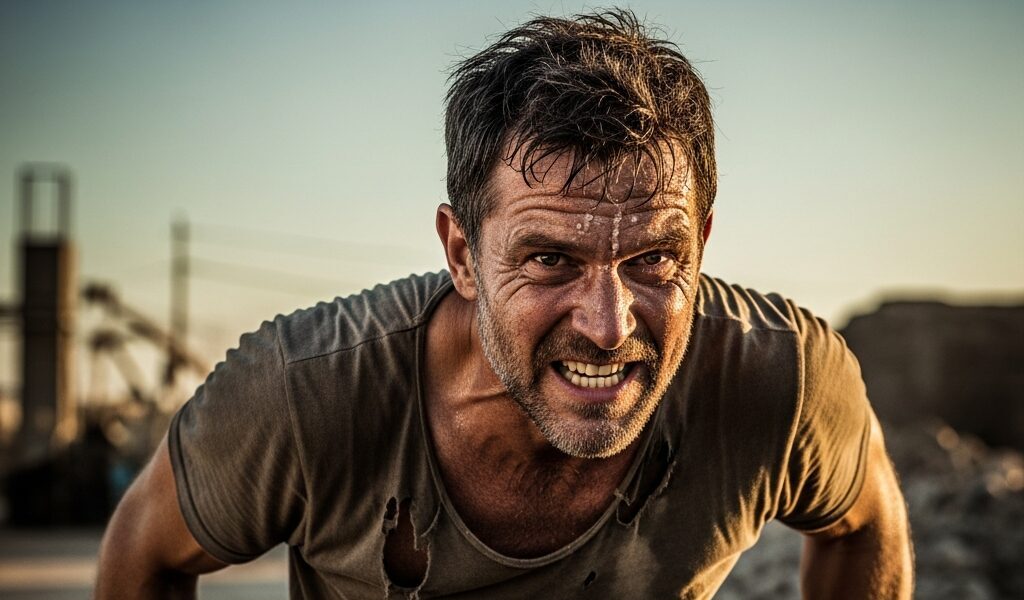 無理を続けて追い込まれた男性の苦しい表情