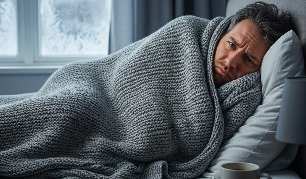 寒くて起きれない男性