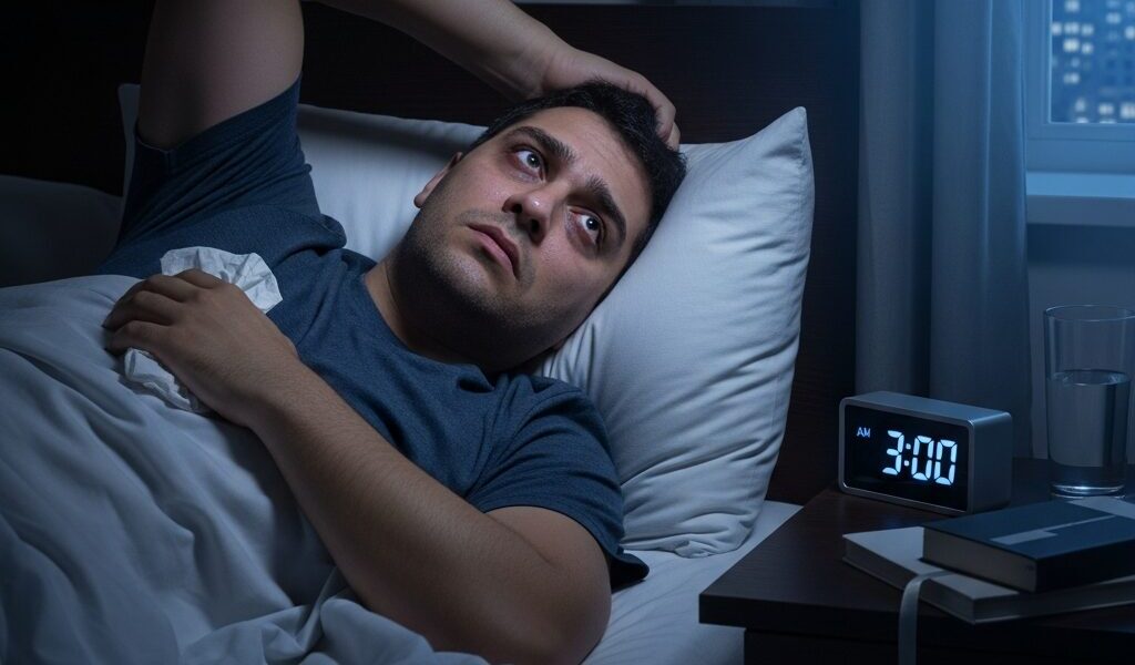 明日に希望が持てず、眠れない男性