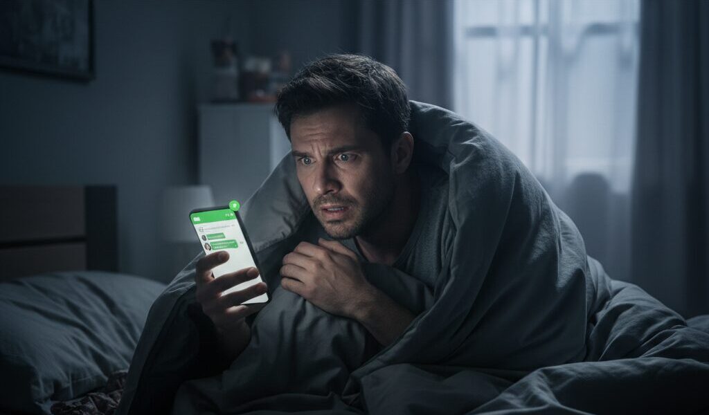 朝方LINEの通知が怖いベットに包まる男性